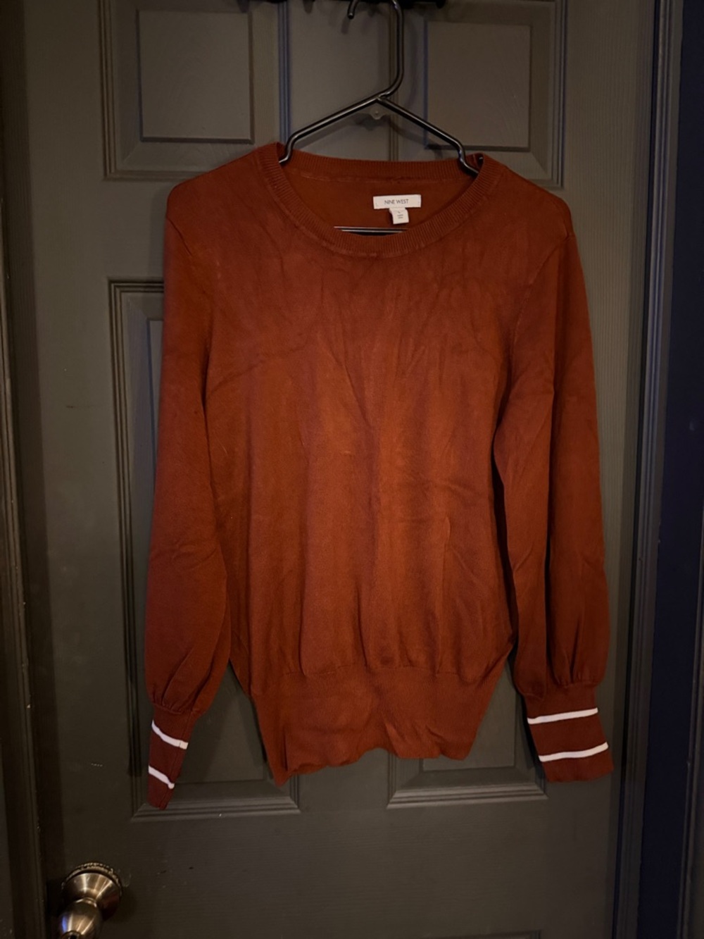 Nine West Rust Orange Crewneck Sweater with White Striped Cuffs